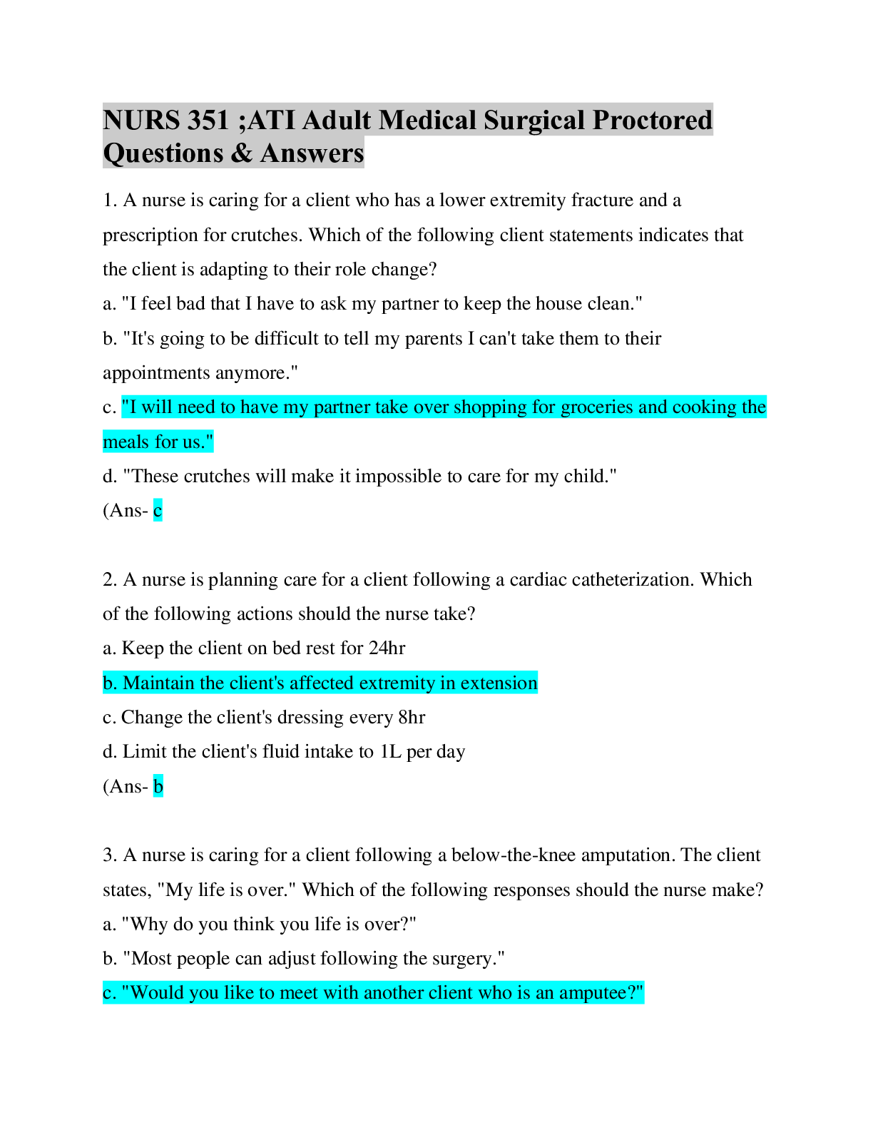 Preview of NURS 351 ;ATI Adult Medical Surgical Proctored Questions & Answers